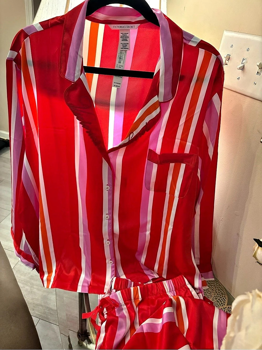 Victoria's Secret Satin Stripe Pajama Set Red & Pink Size XXL